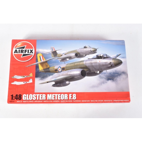 109 - THREE 1:48 SCALE AIRFIX UNBUILT MILITARY AIRCRAFT MODELS,  the first is a Gloster Meteor F.8 numbere... 