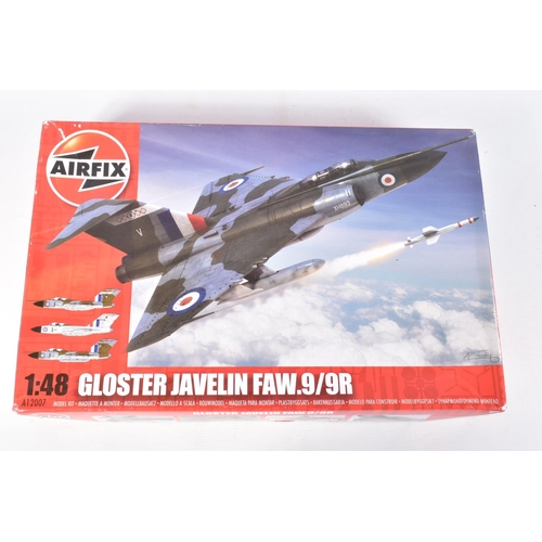 110 - THREE 1.48 SCALE AIRFIX UNBUILT MILITARY AIRCRAFT MODELS, the first is the Hawker Hunter F.4/F.5/J.3... 