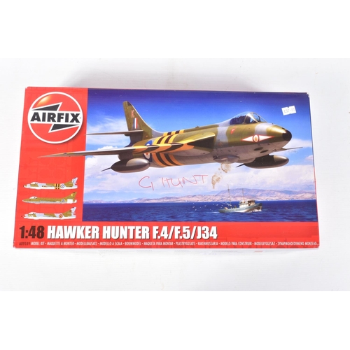 110 - THREE 1.48 SCALE AIRFIX UNBUILT MILITARY AIRCRAFT MODELS, the first is the Hawker Hunter F.4/F.5/J.3... 