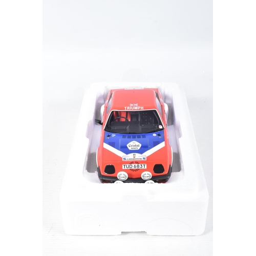 116 - A BOXED OTTO MOBILE TRIUMPH TR7 GROUPE B 1:18 MODEL RACE CAR, numbered OT220 UVI, red, white and blu... 