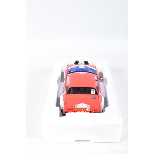 116 - A BOXED OTTO MOBILE TRIUMPH TR7 GROUPE B 1:18 MODEL RACE CAR, numbered OT220 UVI, red, white and blu... 