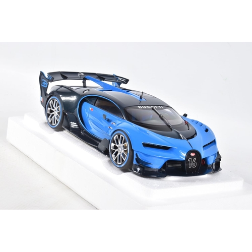 121 - A BOXED AUTOART BUGATTI VISION GRAN TURISMO 1:18 MODEL VEHICLE, numbered 70986, in Bugatti light blu... 