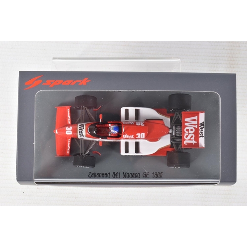 141 - FIVE BOXED SPARK MODELS MINIMAX 1980'S RACECARS, to include a Jonathan Palmer Zakspeedt 841 Monaco G... 