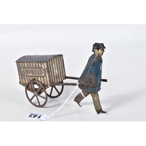 143 - A LEHMAN TINPLATE STRING PULL EXPRESS PORTER, figure with blue jacket and gold and black striped tro... 