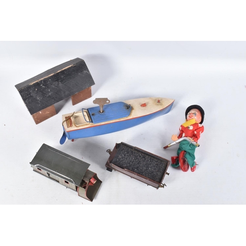 144 - AN UNBOXED HORNBY TINPLATE CLOCKWORK SPEEDBOAT 'Swift', blue deck and cover, white deck with trim, w... 