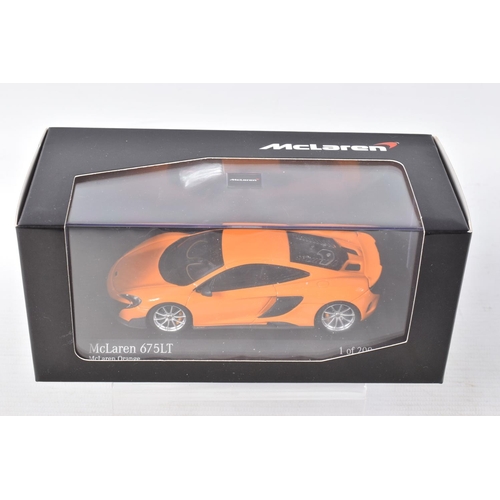 147 - FOUR BOXED PAUL'S MODEL ART MINICHAMPS MODELS, to include a McLaren 675LT in McLaren Orange, 1 of 20... 