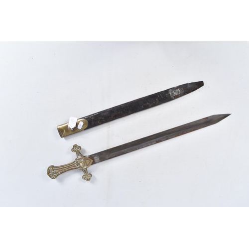 245 - A VICTORIAN ERA BANDMANS SHORT SWORD, this features a double edged blade with a cast brass hilt, the... 