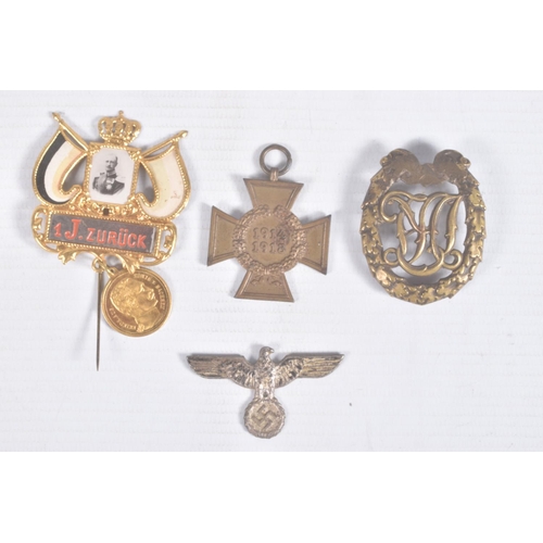 262 - FOUR GERMAN WWI AND WWII ERA BADGES, this lot includes a WWII Hindenburg cross without swords, a WWI... 