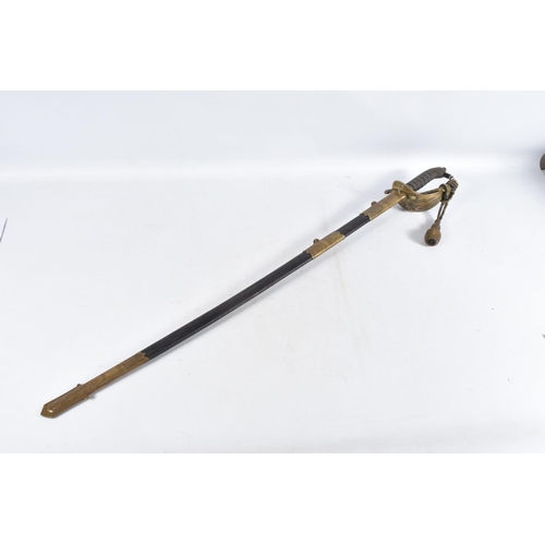 291 - A 19TH OR 20TH CENTURY NAVAL DRESS SWORD, the blade has some ornate decoration on it but it is rubbe... 