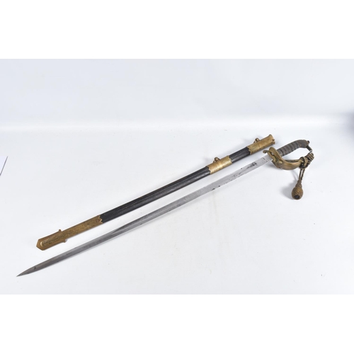 291 - A 19TH OR 20TH CENTURY NAVAL DRESS SWORD, the blade has some ornate decoration on it but it is rubbe... 