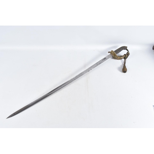 291 - A 19TH OR 20TH CENTURY NAVAL DRESS SWORD, the blade has some ornate decoration on it but it is rubbe... 