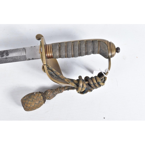 291 - A 19TH OR 20TH CENTURY NAVAL DRESS SWORD, the blade has some ornate decoration on it but it is rubbe... 