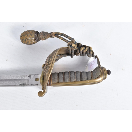 291 - A 19TH OR 20TH CENTURY NAVAL DRESS SWORD, the blade has some ornate decoration on it but it is rubbe... 