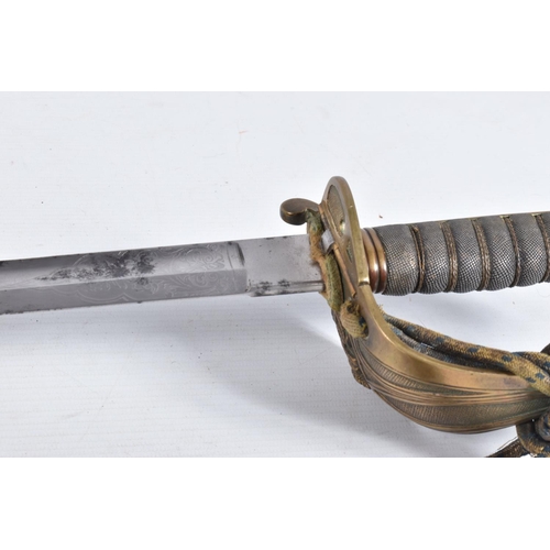 291 - A 19TH OR 20TH CENTURY NAVAL DRESS SWORD, the blade has some ornate decoration on it but it is rubbe... 