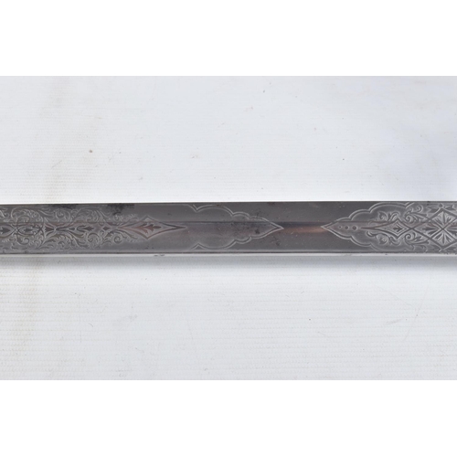 291 - A 19TH OR 20TH CENTURY NAVAL DRESS SWORD, the blade has some ornate decoration on it but it is rubbe... 