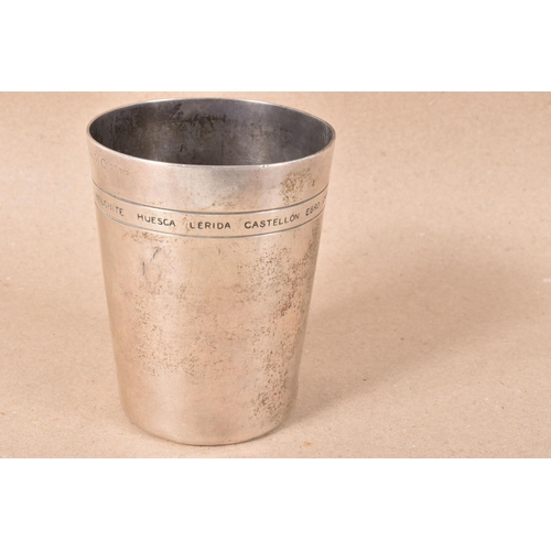 299 - A GERMAN WWI SILVER PLATED KRIEGS BECHER COMMEMORATIVE BEAKER AND A WHITE METAL SPANISH CIVIL WAR 19... 