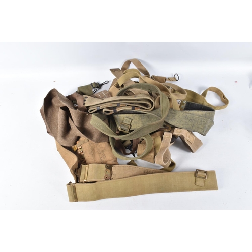 307 - TWO BOXES OF MILITARY RELATED ITEMS, these include a large selection of belts, a 1952 U.S side cap, ... 