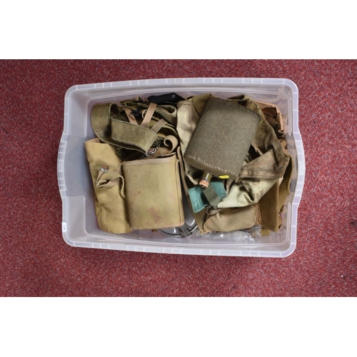 307 - TWO BOXES OF MILITARY RELATED ITEMS, these include a large selection of belts, a 1952 U.S side cap, ... 