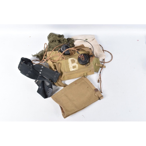 307 - TWO BOXES OF MILITARY RELATED ITEMS, these include a large selection of belts, a 1952 U.S side cap, ... 