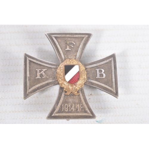 312 - THREE WWI/WW2 ERA PIN BADGES, these badges consist of a Veterans Bund WWI cross with maker mark Gese... 