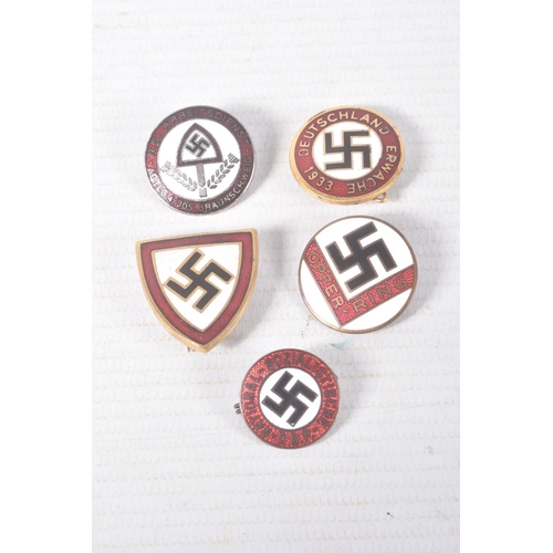 313 - FIVE VARIOUS GERMAN PIN BADGES, they are a pin with red and white enamel with black swastika and off... 