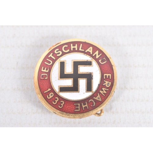 313 - FIVE VARIOUS GERMAN PIN BADGES, they are a pin with red and white enamel with black swastika and off... 