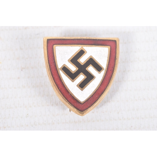 313 - FIVE VARIOUS GERMAN PIN BADGES, they are a pin with red and white enamel with black swastika and off... 