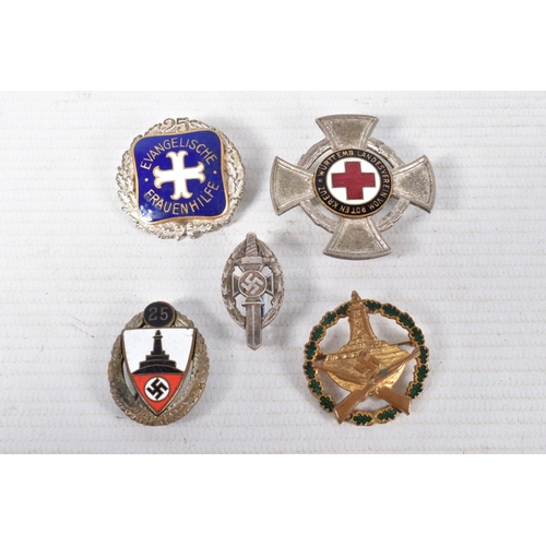 315 - FIVE VARIOUS GERMAN PIN BADGES, these include a Wurtemberg Red Cross pin, a white metal and enamel p... 