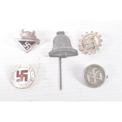 319 - FOUR SMALL GERMAN PIN BADGES AND A STICK PIN, the badges include a white metal swastika pin, a NSV p... 