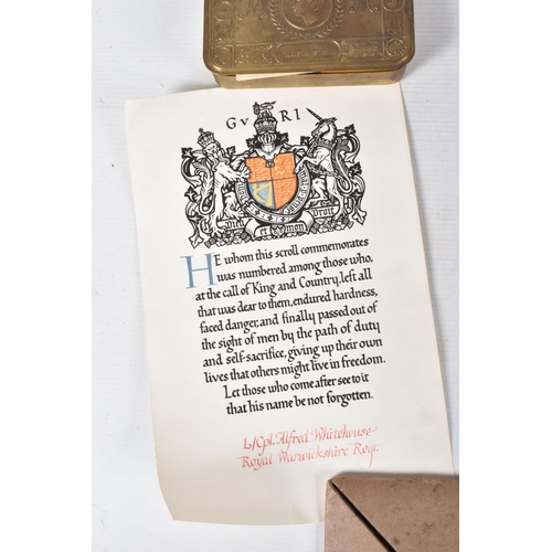 339 - A WWI MEMORIAL DEATH PLAQUE, SCROLL AND PRINCESS MARY TIN, the memorial plaque is named to Alfred Wh... 