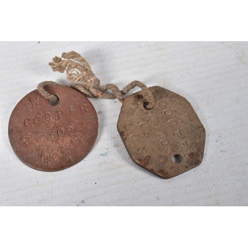 341 - A PAIR OF WWI MEDALS, DOG TAGS, BIBLE ETC, the medals are correctly named to PVT G-34605 W.M.Cooper ... 