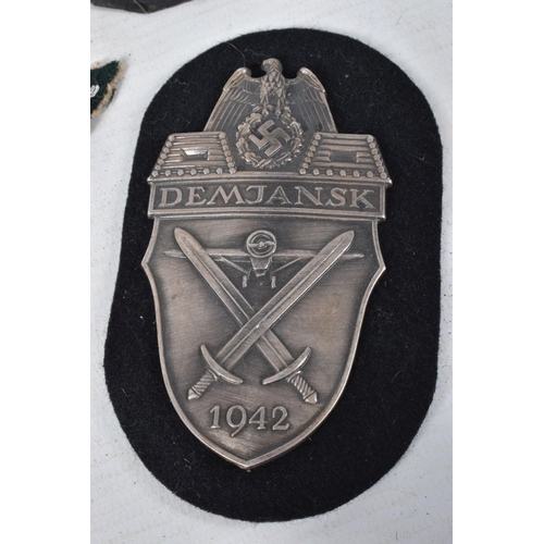 342 - A SMALL COLLECTION OF GERMANY UNIFORM ITEMS, these include a Narvik shield, Demjansk shield, a cloth... 