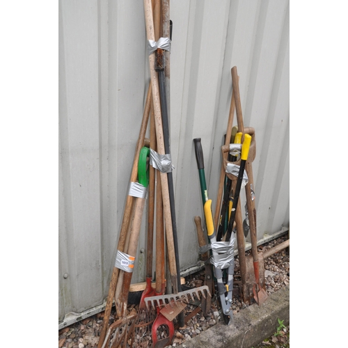 1010 - THREE BUNDLES OF GARDEN TOOLS including forks, rakes, hoes, spades, shears etc