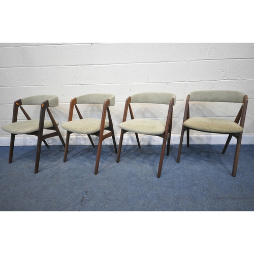 1221 - A SET OF FOUR MID-CENTURY THOMAS HARLEV FOR FARSTRUP MOBLER DINING CHAIRS, model 205, with green fab... 