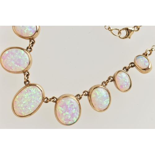 1 - A 9CT GOLD, SYNTHETIC OPAL NECKLACE, designed as a graduated series of oval synthetic opal cabochons... 