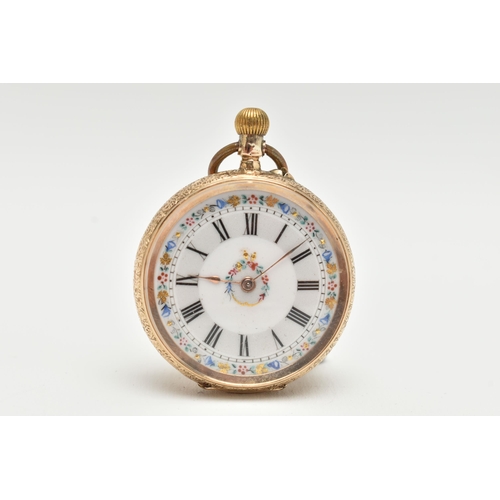 101 - A LADY'S OPEN FACE POCKET WATCH, the white face with black Roman numerals and floral detail to the c... 