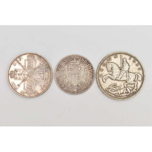 102 - THREE COINS, to include two Victorian coins for 1899 and 1887, and a George V crown dated 1935, diam... 