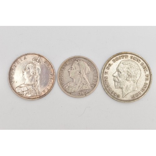 102 - THREE COINS, to include two Victorian coins for 1899 and 1887, and a George V crown dated 1935, diam... 