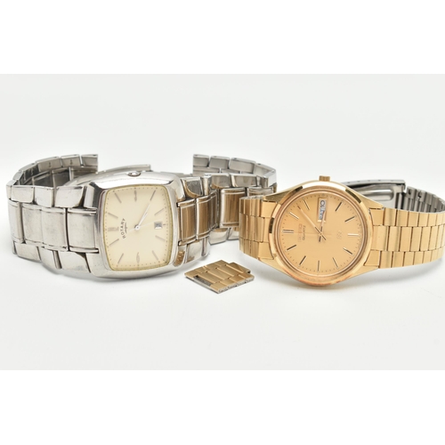 104 - TWO GENTLEMAN'S WRISTWATCHES, to include a Seiko quartz gold coloured stainless steel watch with day... 