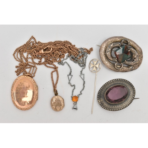 108 - AN ASSORTMENT OF JEWELLERY, to include a white metal and agate Scottish brooch, a white metal and pa... 