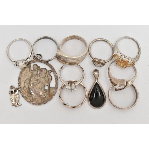 109 - AN ASSORTMENT OF SILVER AND WHITE METAL JEWELLERY, to include a silver St Christoper pendant, hallma... 