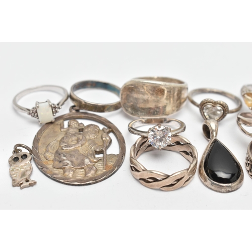 109 - AN ASSORTMENT OF SILVER AND WHITE METAL JEWELLERY, to include a silver St Christoper pendant, hallma... 