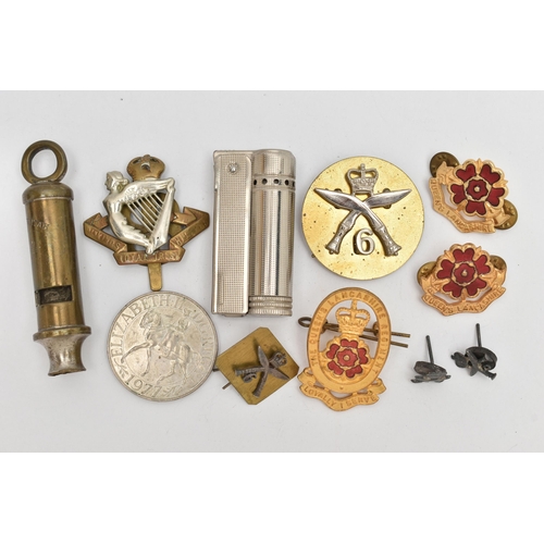 113 - AN ASSORTMENT OF MILITARY ITEMS, to include pins and cap badges, a whistle also including a lighter ... 