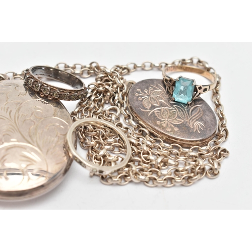 117 - AN ASSORTMENT OF SILVER AND WHITE METAL JEWELLERY, to include a large silver locket, suspended from ... 