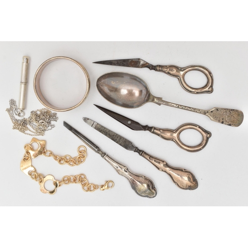 118 - A BAG OF ASSORTED ITEMS, to include a silver cigar piercer hallmarked Birmingham, with chain, a pair... 