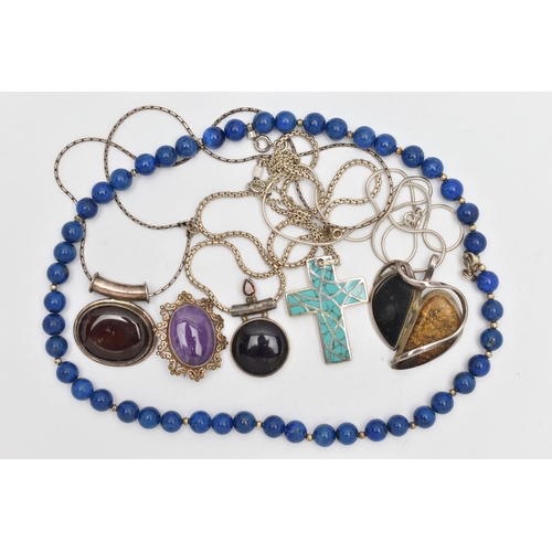 120 - A BOX OF JEWELLERY, to include a beaded lapis lazuli necklace fitted with a white metal spring clasp... 