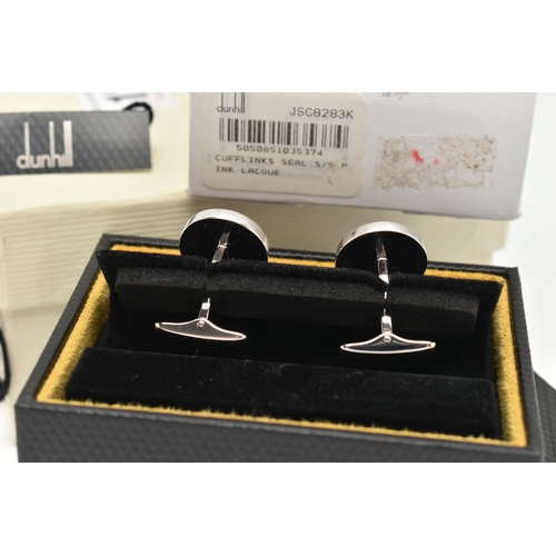 124 - A BOXED PAIR OF 'DUNHILL' CUFFLINKS, stamped 925 signed 'Dunhill', whale back fittings, with fitted ... 