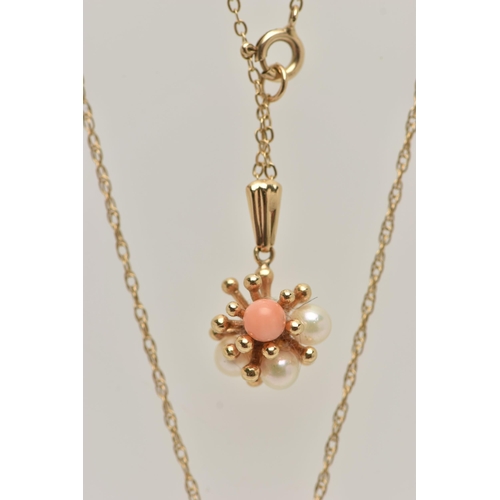 13 - TWO PENDANT NECKLACES, the first pendant set with seed pearls and coral, fitted with a tapered bail,... 