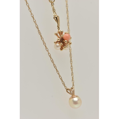 13 - TWO PENDANT NECKLACES, the first pendant set with seed pearls and coral, fitted with a tapered bail,... 