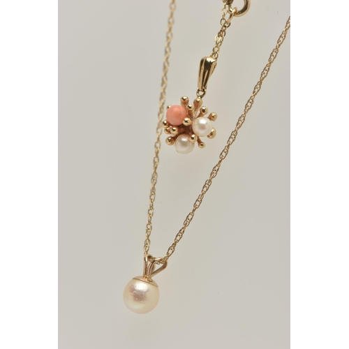 13 - TWO PENDANT NECKLACES, the first pendant set with seed pearls and coral, fitted with a tapered bail,... 